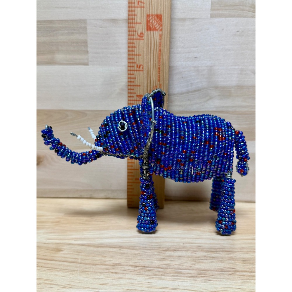 Handmade Beaded Wire Elephant Figurine Blue Folk Art Animal Sculpture 4x6 - Picture 2 of 5